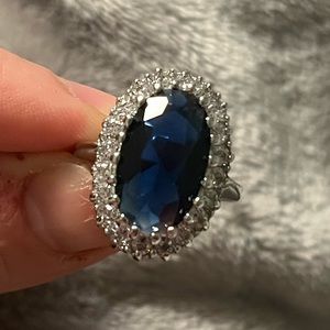 Faux Sapphire and Diamond Silver Tone Ring, Size 7
